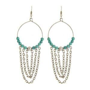 Silver 4" Hoop Earrings BOHO Turquoise Beads Chain Tassels SW Hippie Fun